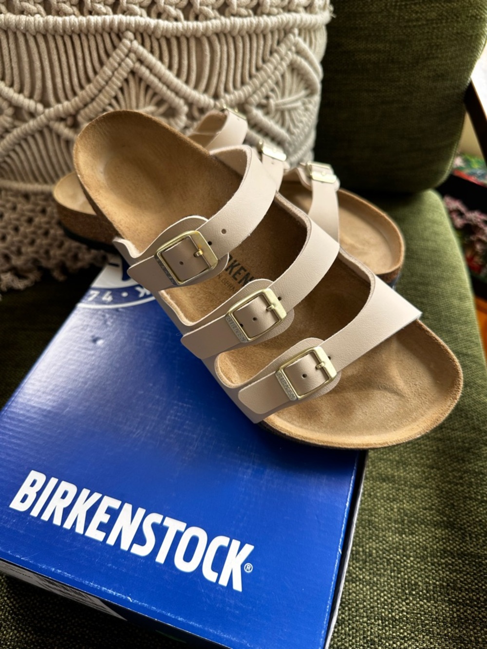 Birkenstock Three-Strap Sandal in Off-White with Gold Buckles women’s size 10